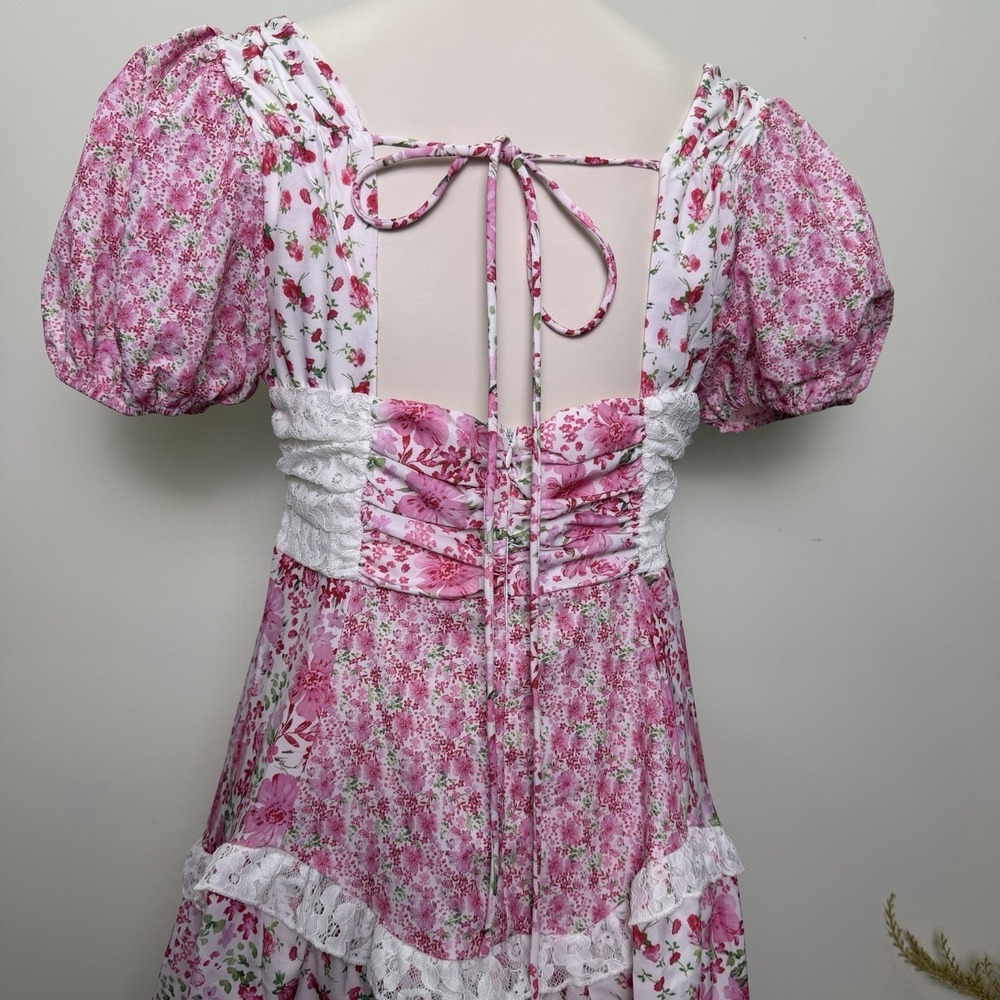 Cottagecore Dress Patchwork Lace Ruffle Pink Floral Mini Coquette Milkmaid M - Picture 6 of 7